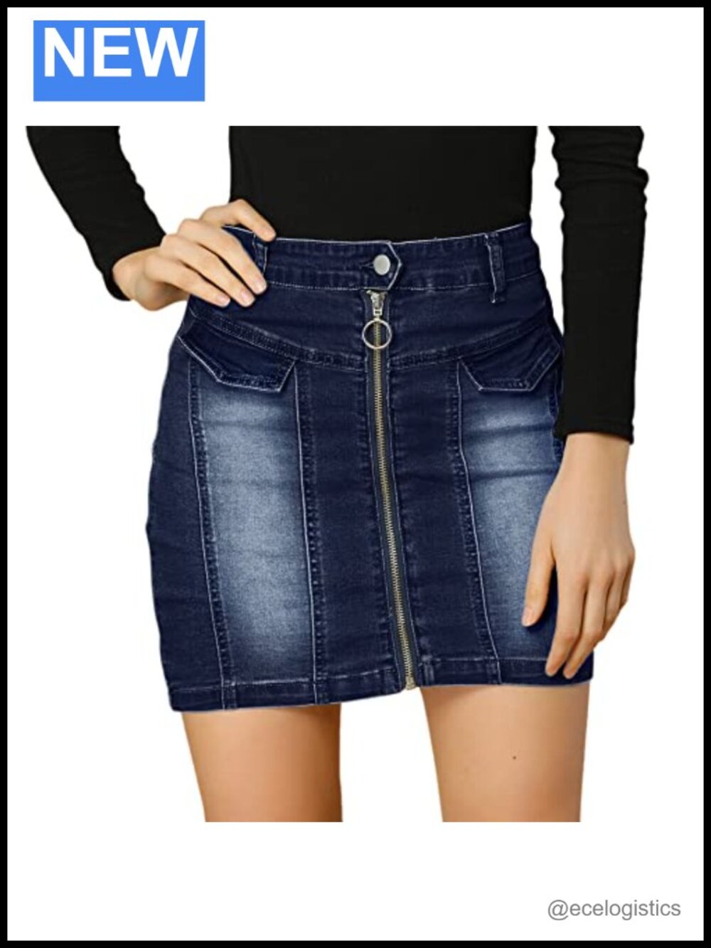 Stretch Denim Mini Skirt High Waist Zipper Front Slim Fit
